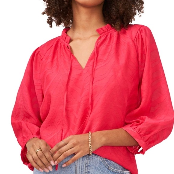 VINCE CAMUTO Pink Textured Ruffled Tie Split Hem Long Sleeve Blouse - Picture 1 of 5